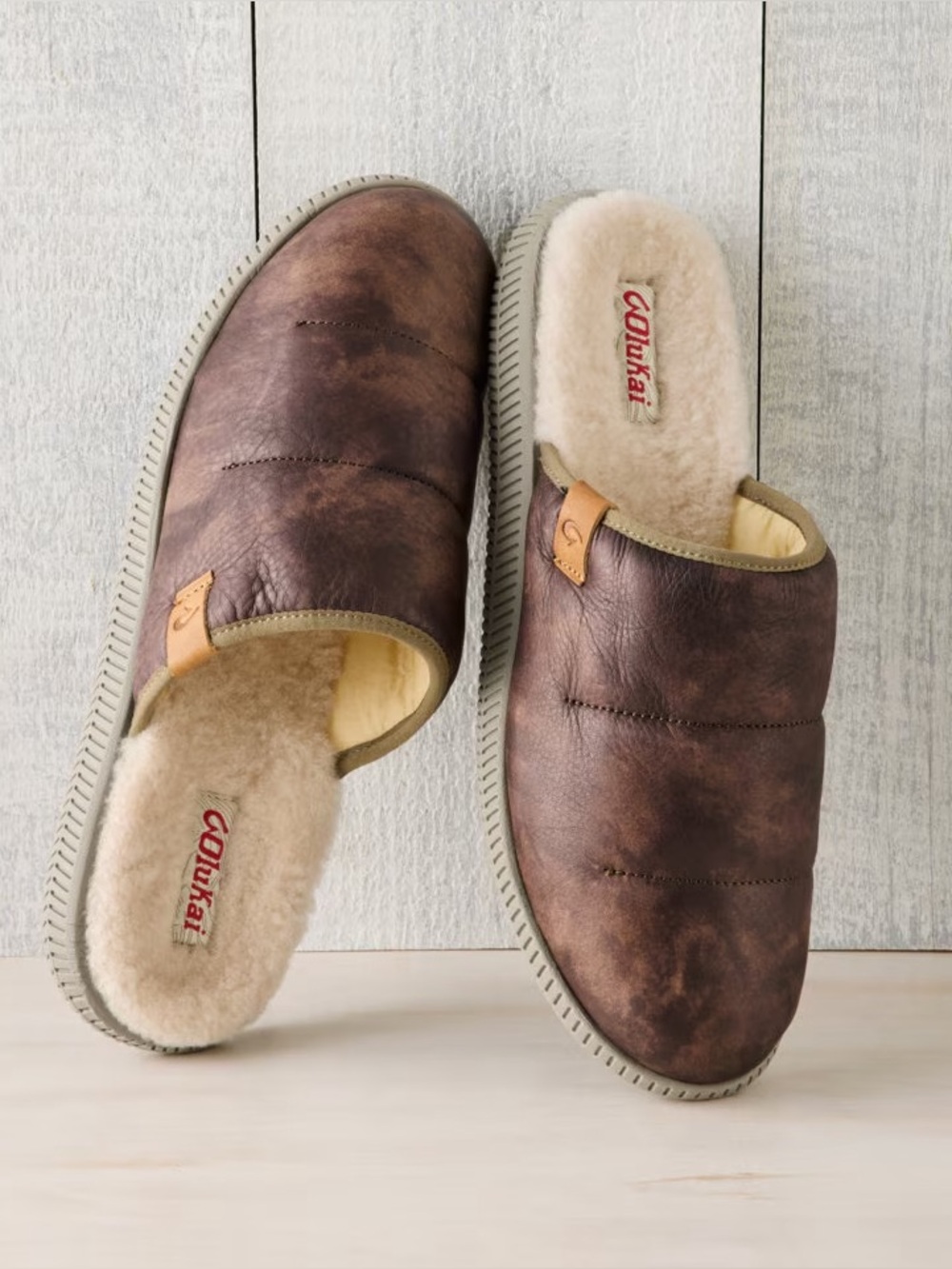 Olukai Men’s Mua’lli Shearling Leather Puffer Quilted Slip On Shoes